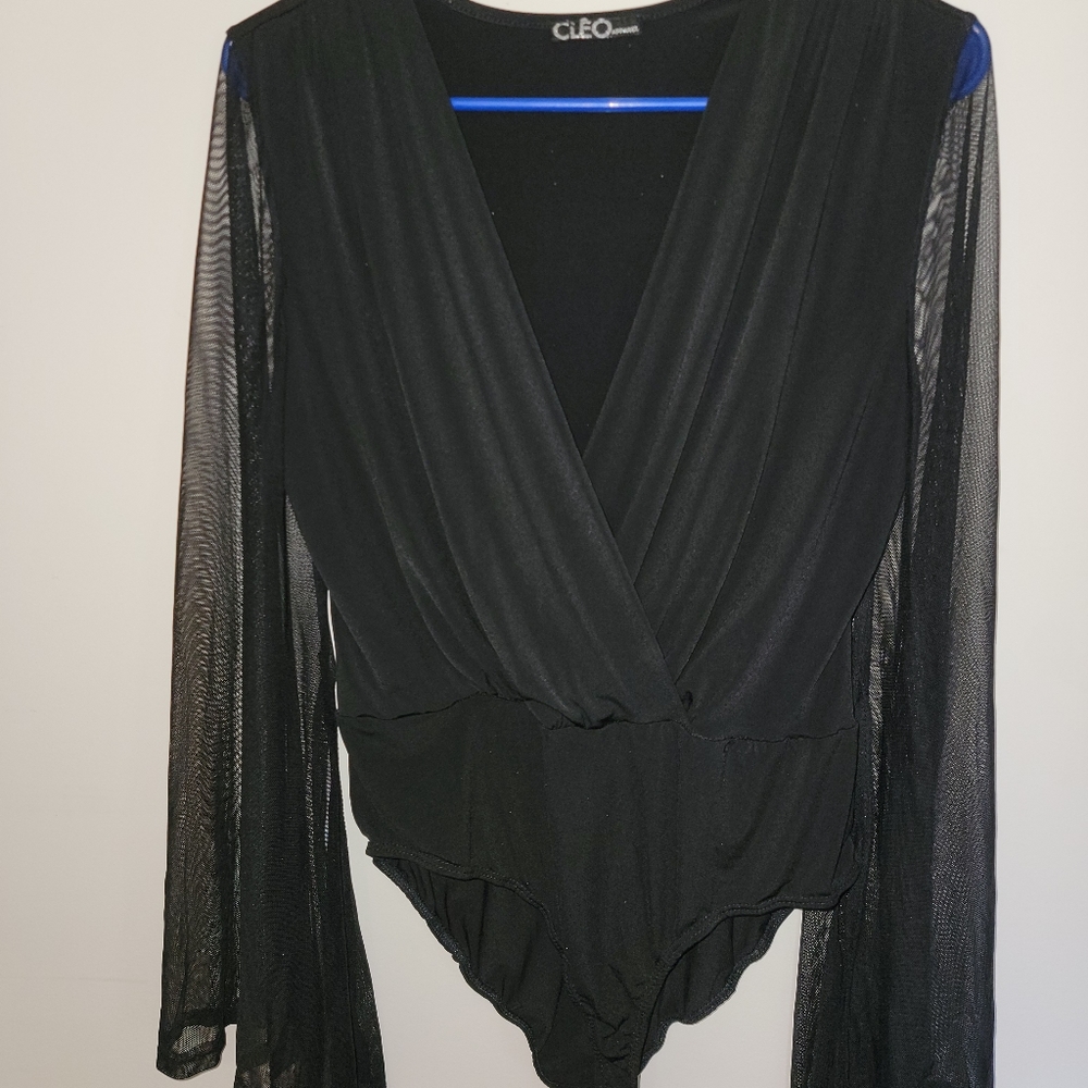 Crossover bodysuit blouse with sheer bat wing sleeves
